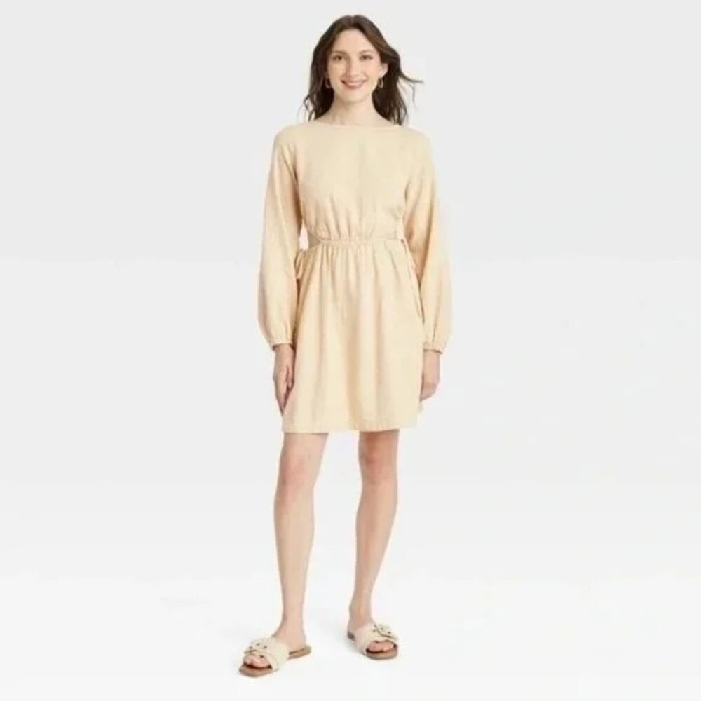 NEW Universal Thread Women's Balloon Long Sleeve Mini A-Line Dress - Tan - XS